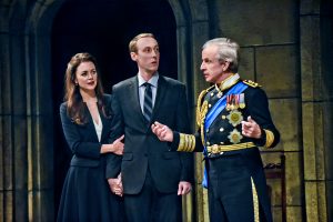 Allison Jean White (Kate), Christopher McLindon (Williams), and Robert Joy (King Charles III) in King Charles III at Seattle Repertory Theatre. Photo by Michael Doucett. 